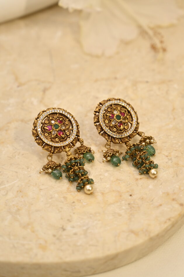 Antique Gold Emerald & Ruby Small Jhumki Earrings