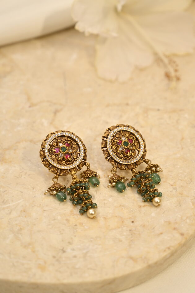 Antique Gold Emerald & Ruby Small Jhumki Earrings - Image 2