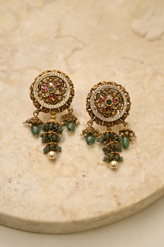 Antique Gold Emerald & Ruby Small Jhumki Earrings - Image 3
