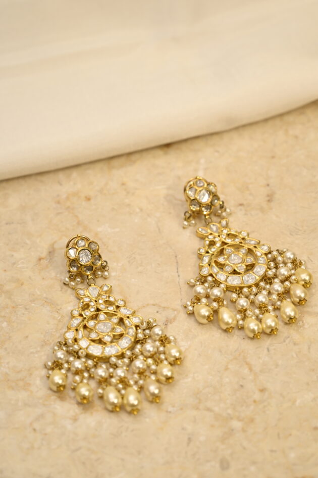 Polki & Pearl Jadau Chand Bali Earrings - Image 3