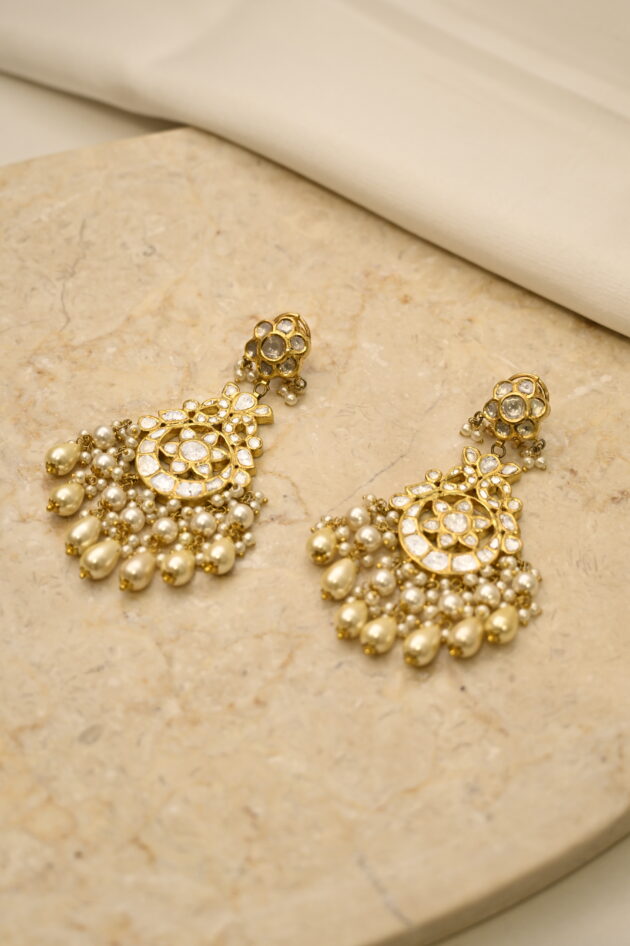 Polki & Pearl Jadau Chand Bali Earrings