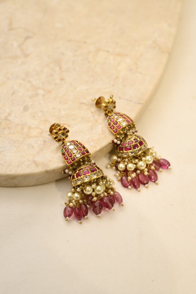 Ruby Jadau Jhumka Earrings with Tourmaline Drops - Image 2