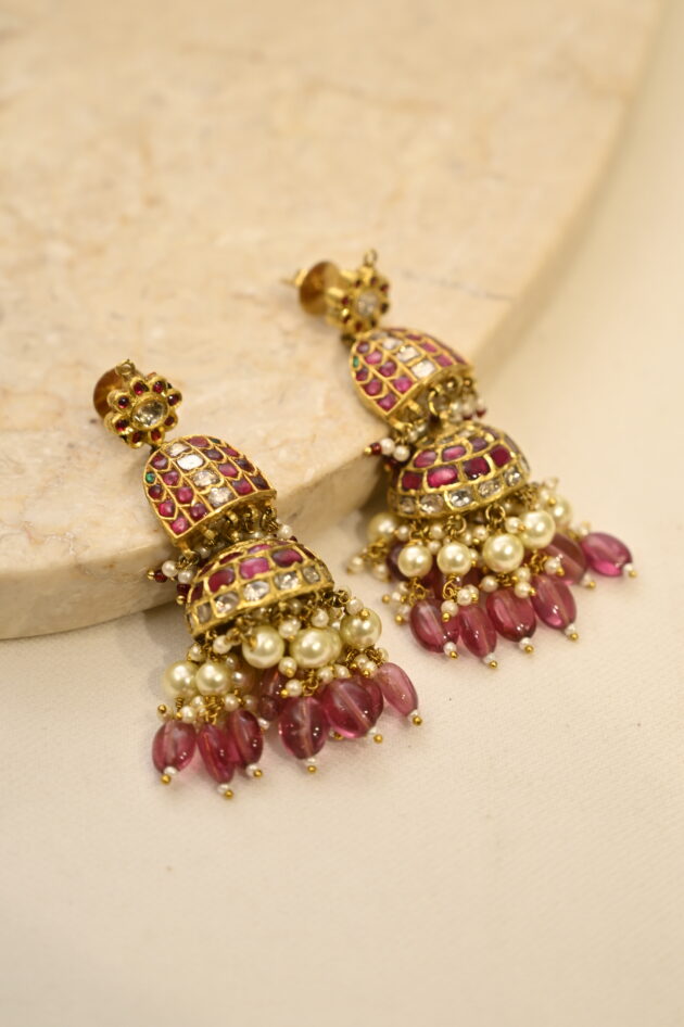 Ruby Jadau Jhumka Earrings with Tourmaline Drops - Image 4