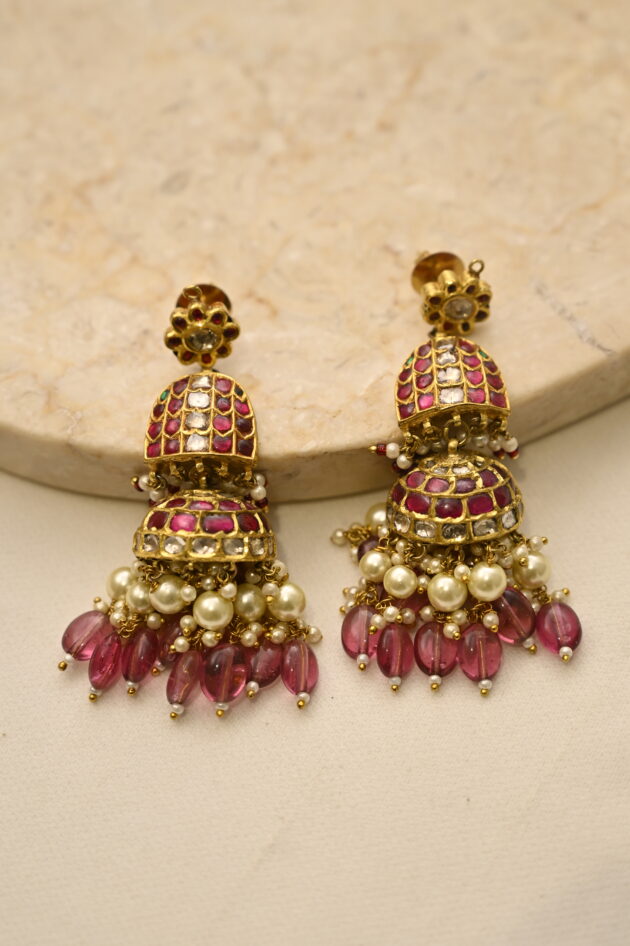 Ruby Jadau Jhumka Earrings with Tourmaline Drops - Image 3