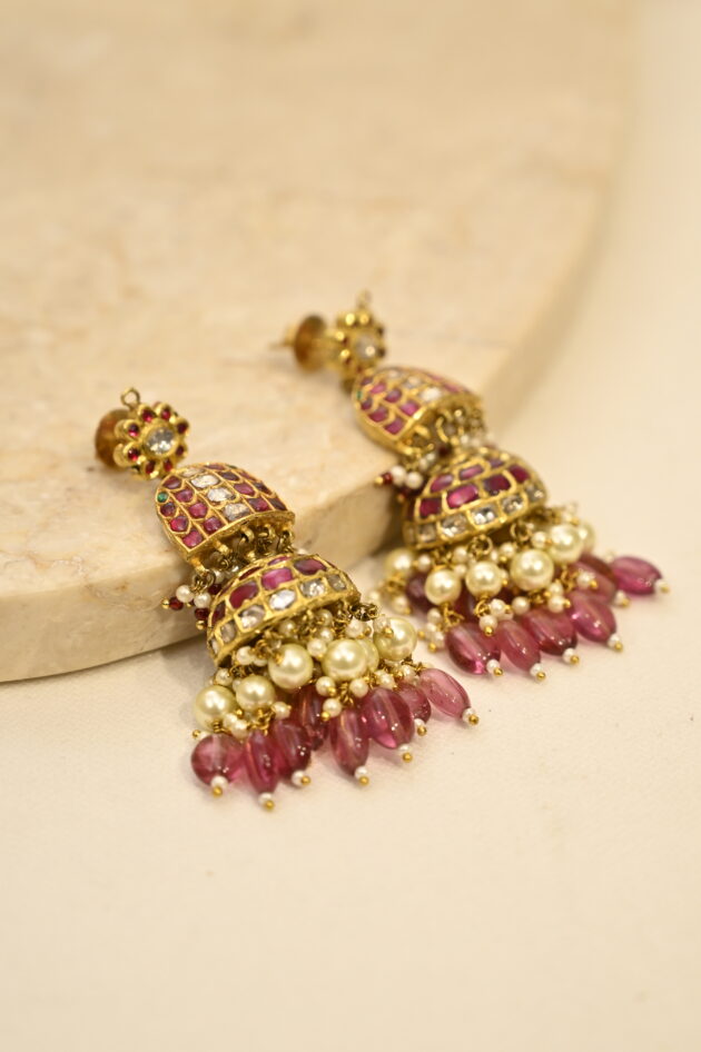 Ruby Jadau Jhumka Earrings with Tourmaline Drops