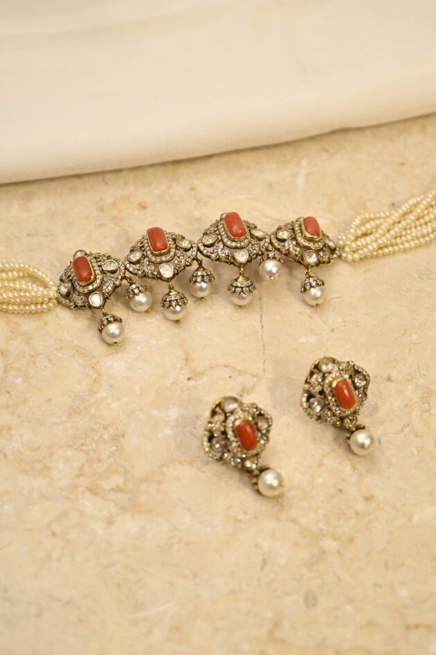 Coral Polki & Diamond Chic Choker with Earrings