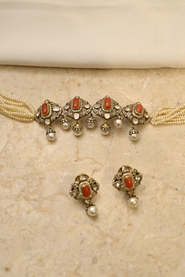 Coral Polki & Diamond Chic Choker with Earrings - Image 2
