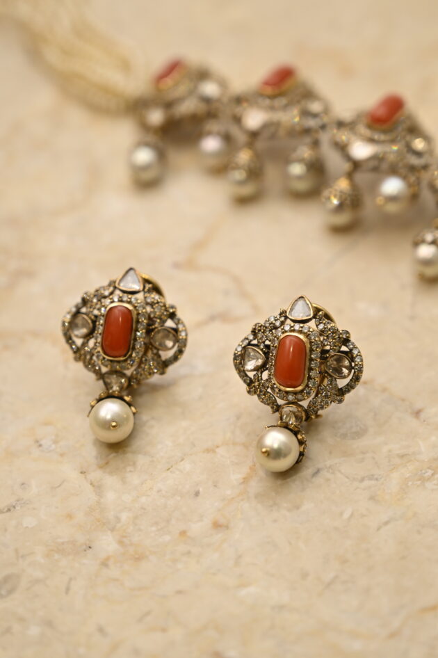Coral Polki & Diamond Chic Choker with Earrings - Image 3