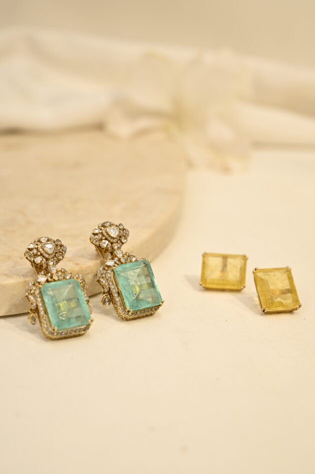 Polki Earrings with Changeable Green & Yellow Stone