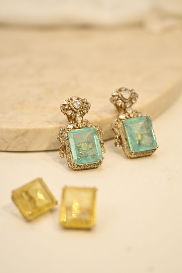 Polki Earrings with Changeable Green & Yellow Stone - Image 2