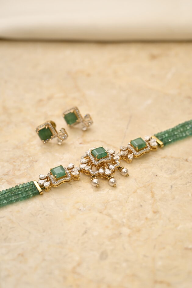 Diamond & Zambian Emerald Small Chic Choker with Earrings