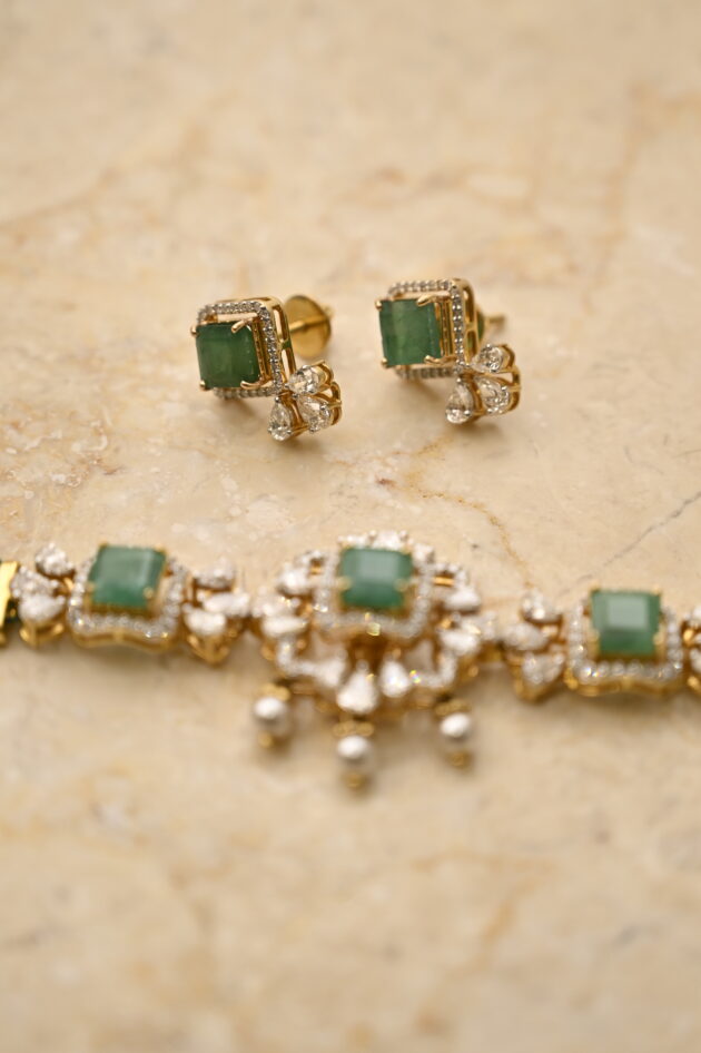 Diamond & Zambian Emerald Small Chic Choker with Earrings - Image 3