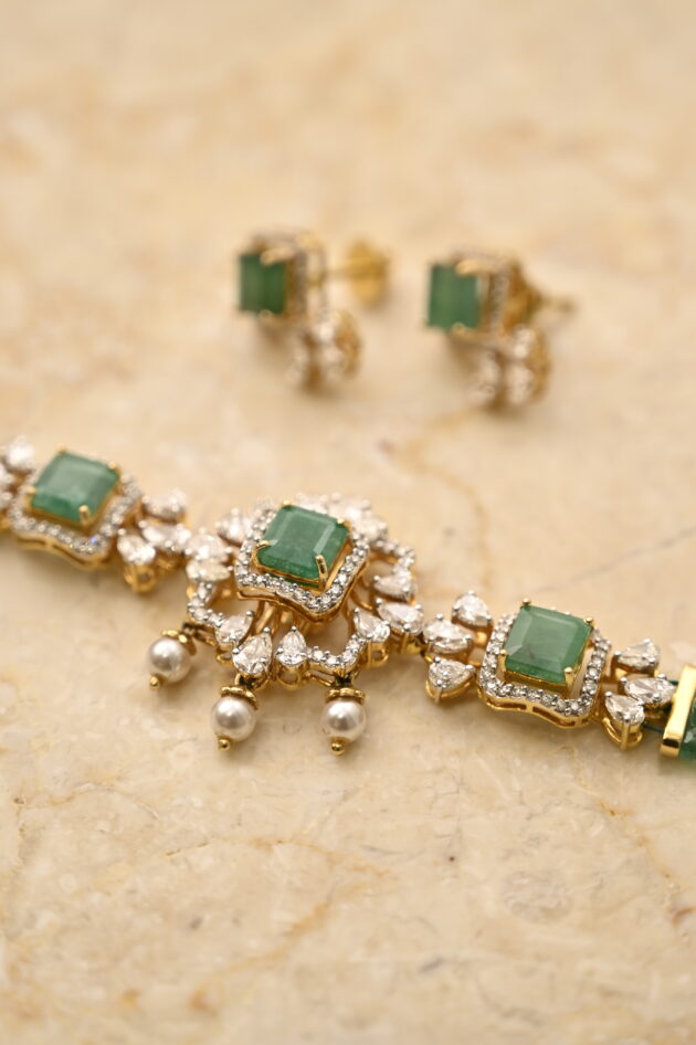Diamond & Zambian Emerald Small Chic Choker with Earrings - Image 2