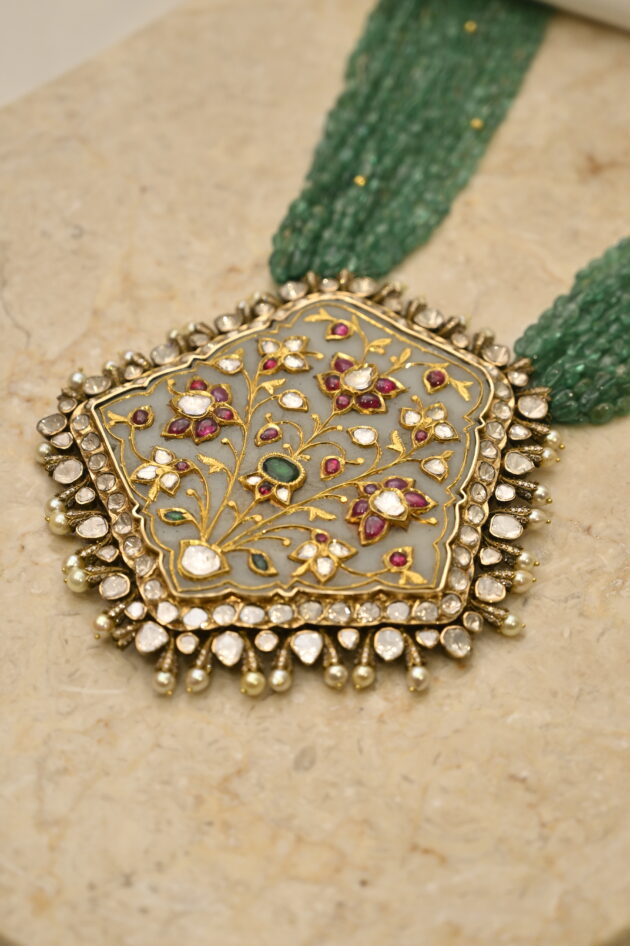 Jade & Polki Big Pendant with Emerald Beads - Image 4