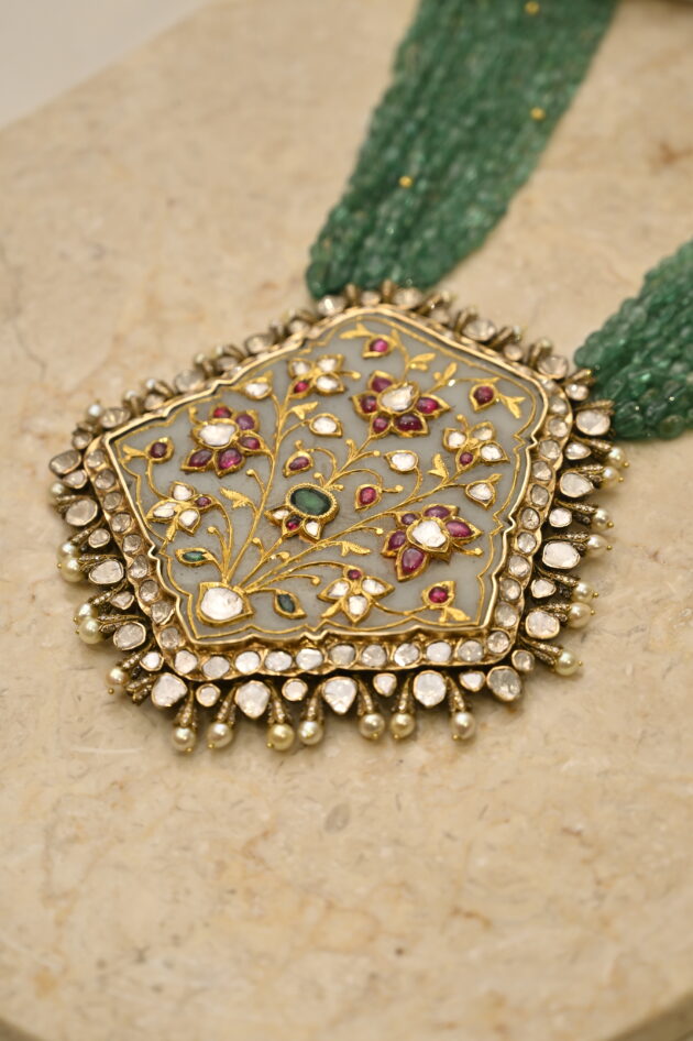 Jade & Polki Big Pendant with Emerald Beads - Image 3