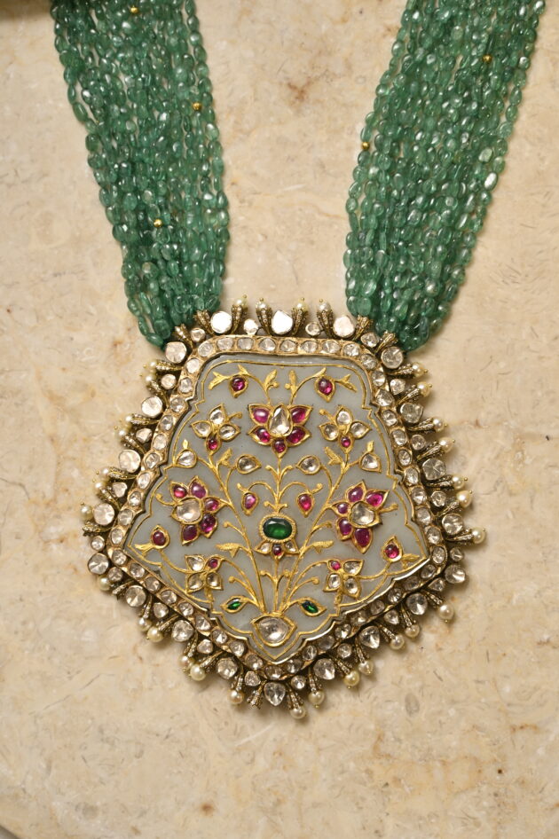 Jade & Polki Big Pendant with Emerald Beads