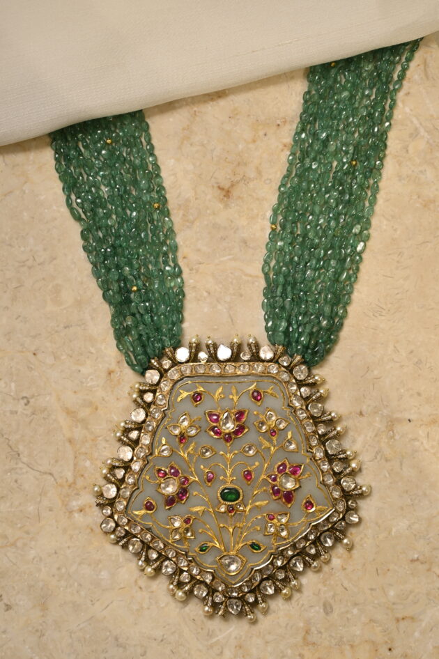 Jade & Polki Big Pendant with Emerald Beads - Image 2