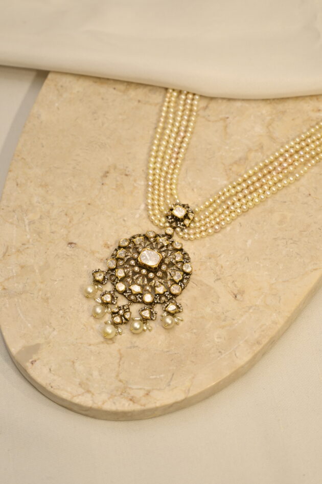 Victorian Polki Pendant with 5 line Pearls & Earrings