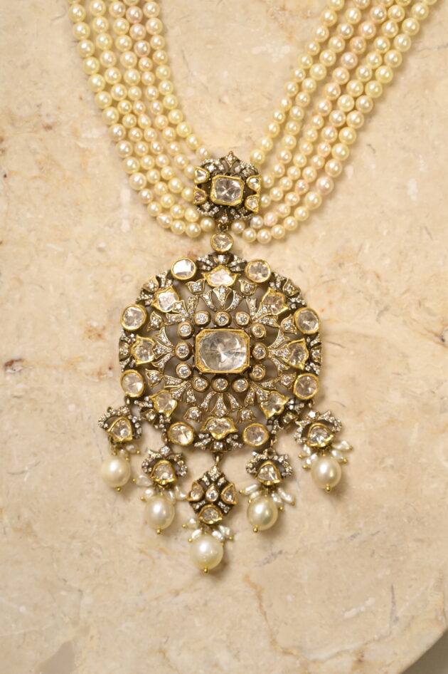 Victorian Polki Pendant with 5 line Pearls & Earrings - Image 4