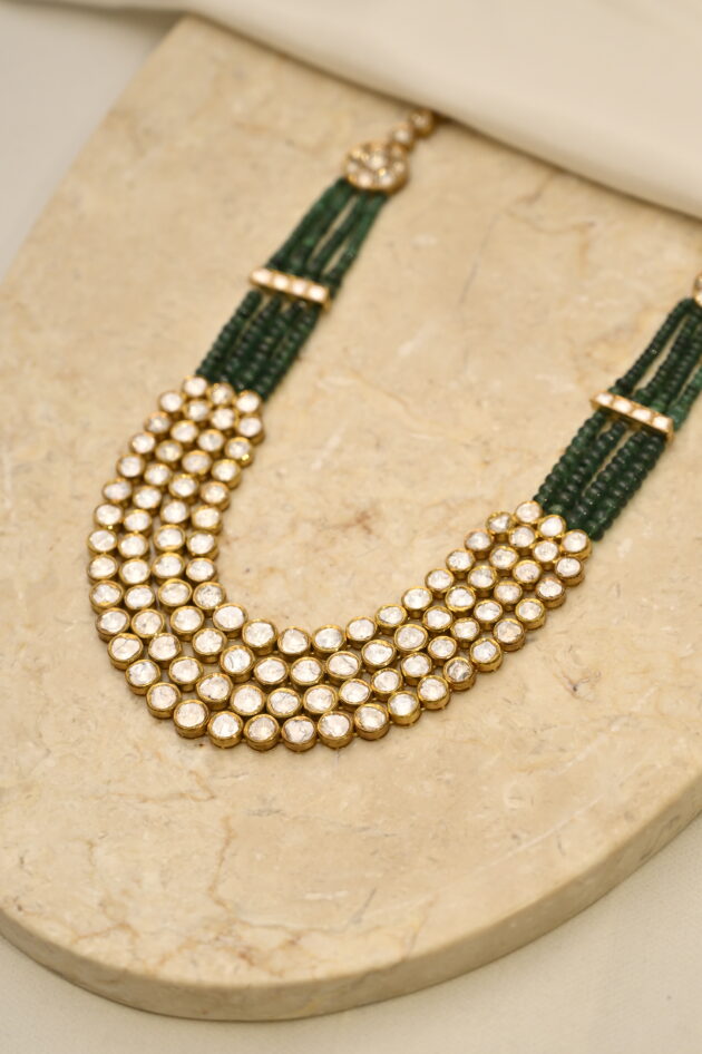 4 line Polki  with Emerald Beads Jadau Necklace