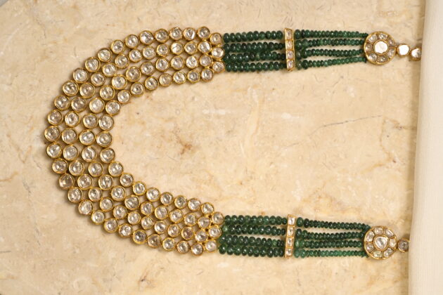 4 line Polki  with Emerald Beads Jadau Necklace - Image 5