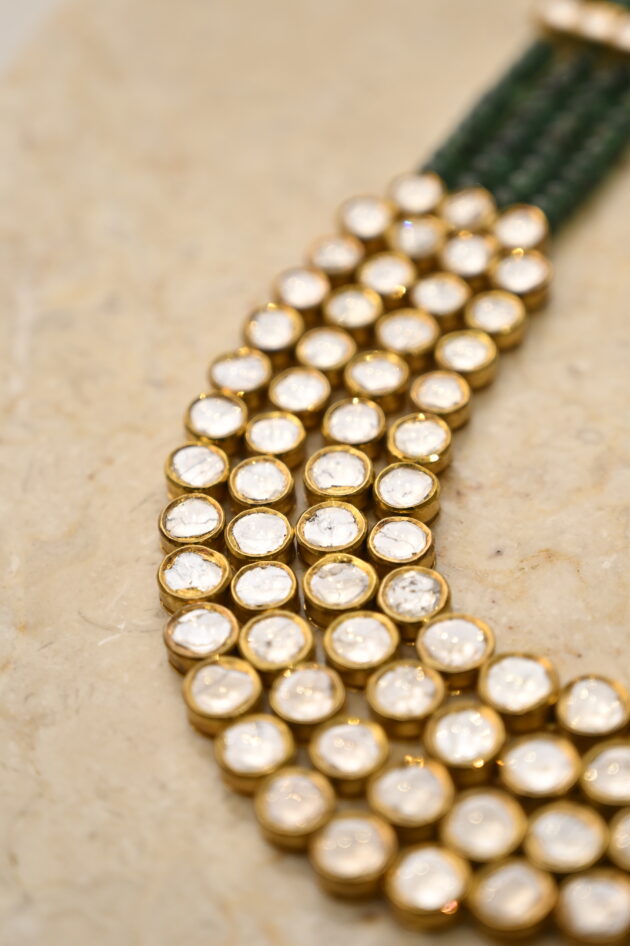 4 line Polki  with Emerald Beads Jadau Necklace - Image 4