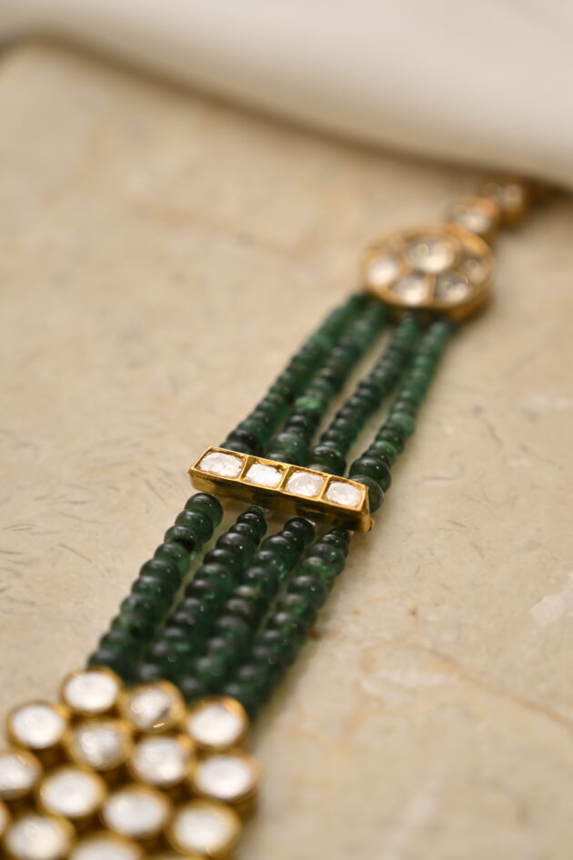 4 line Polki  with Emerald Beads Jadau Necklace - Image 3