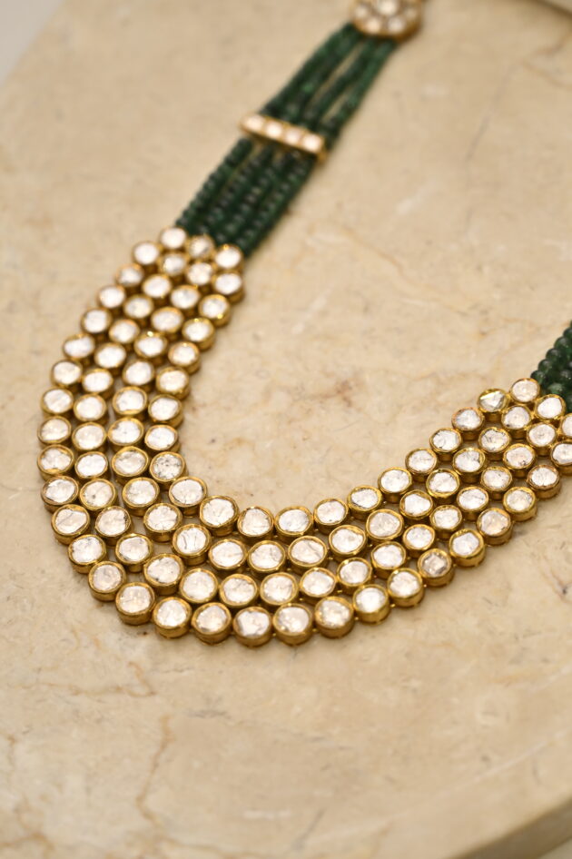 4 line Polki  with Emerald Beads Jadau Necklace - Image 2