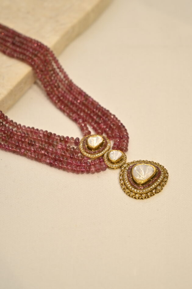 Tri Big Polki Pendant With Tourmaline Beads