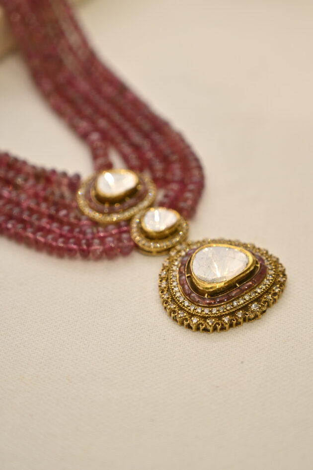 Tri Big Polki Pendant With Tourmaline Beads - Image 2