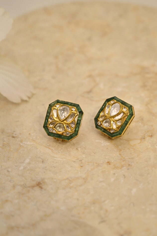 Lotus Polki Squarish Emerald Jadau Studs - Image 3