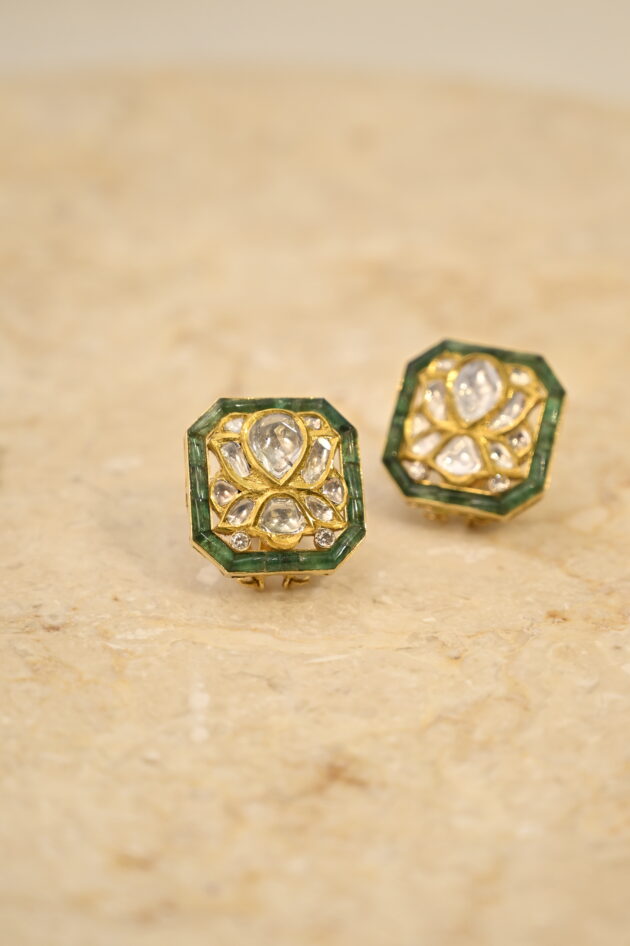 Lotus Polki Squarish Emerald Jadau Studs