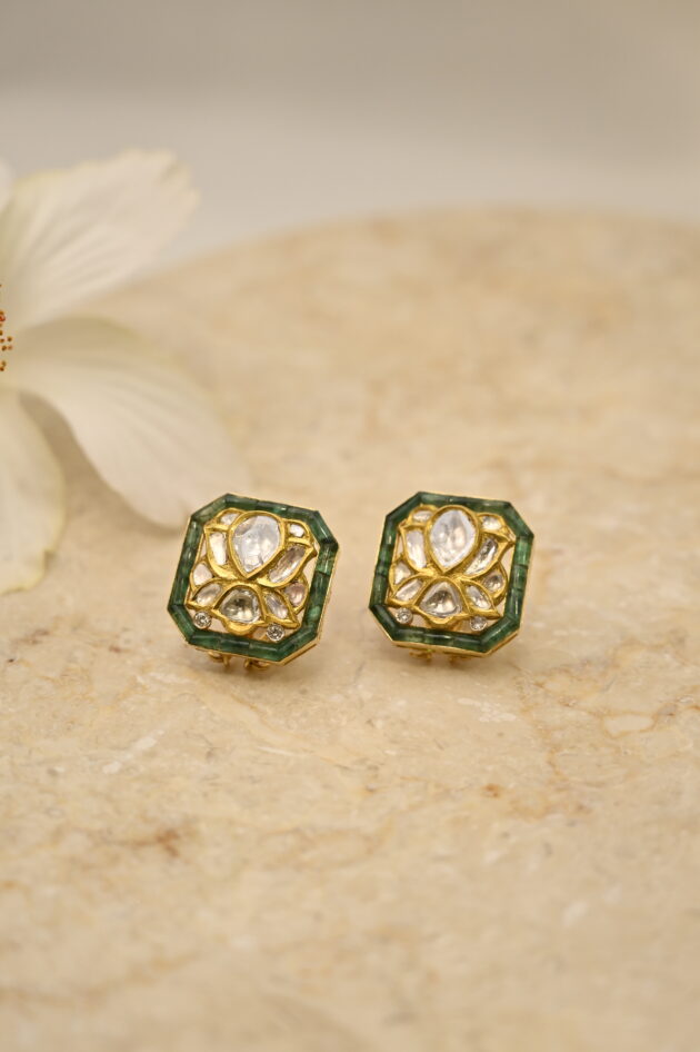 Lotus Polki Squarish Emerald Jadau Studs - Image 2