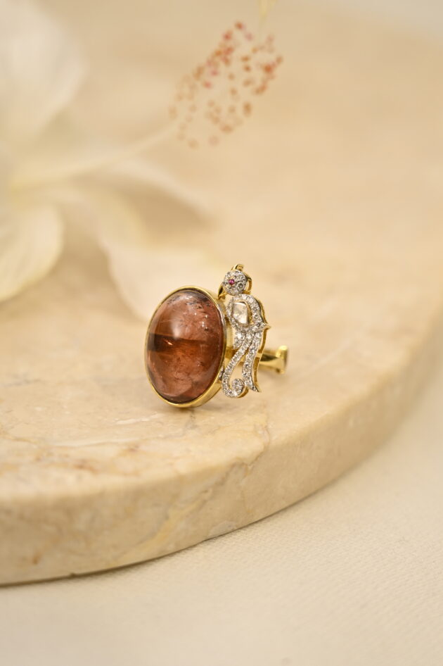 Pinkish Red Tourmaline Polki Bird Ring - Image 2