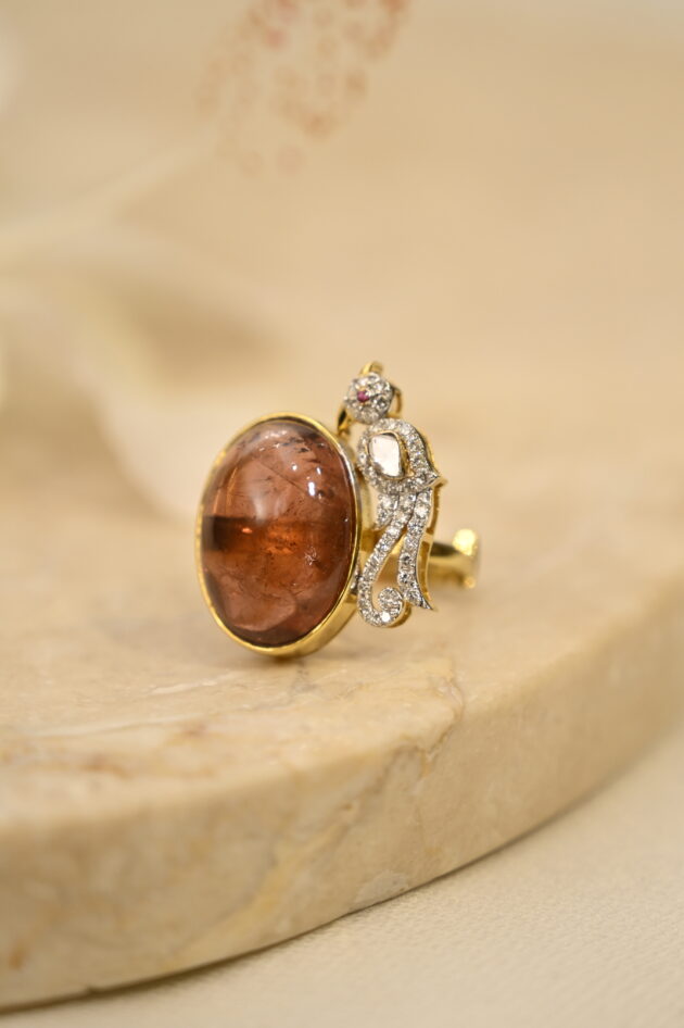 Pinkish Red Tourmaline Polki Bird Ring - Image 3