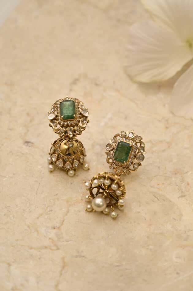 Zambian Emerald & Polki Jhumka - Image 5