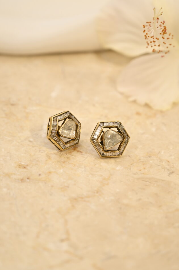 Hexagon Polki & Baguette Diamond  Studs - Image 3