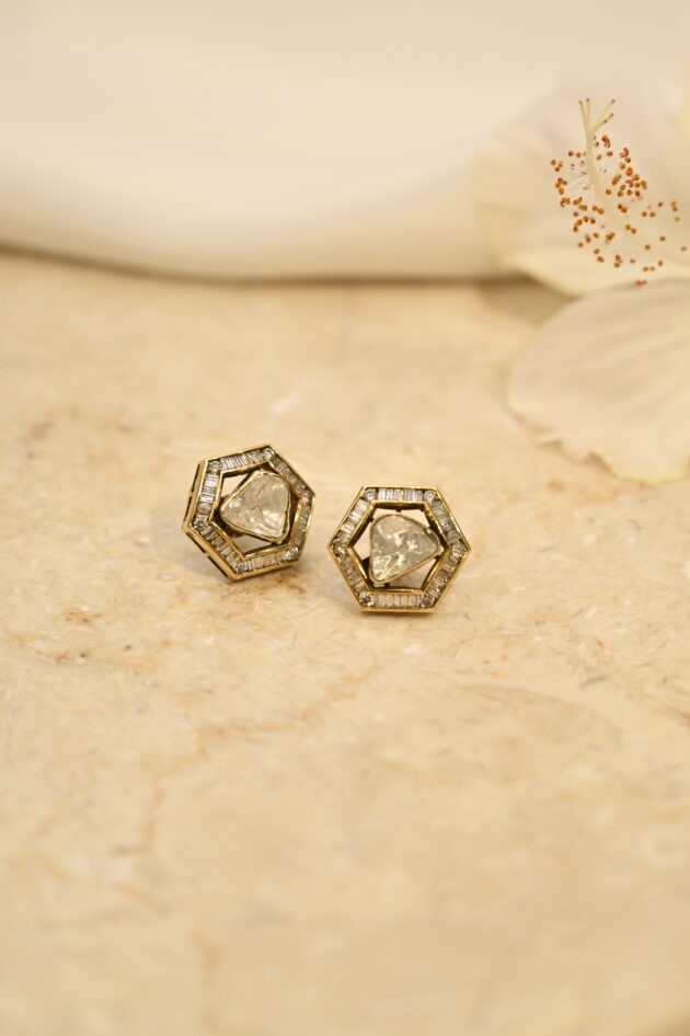 Hexagon Polki & Baguette Diamond  Studs - Image 2
