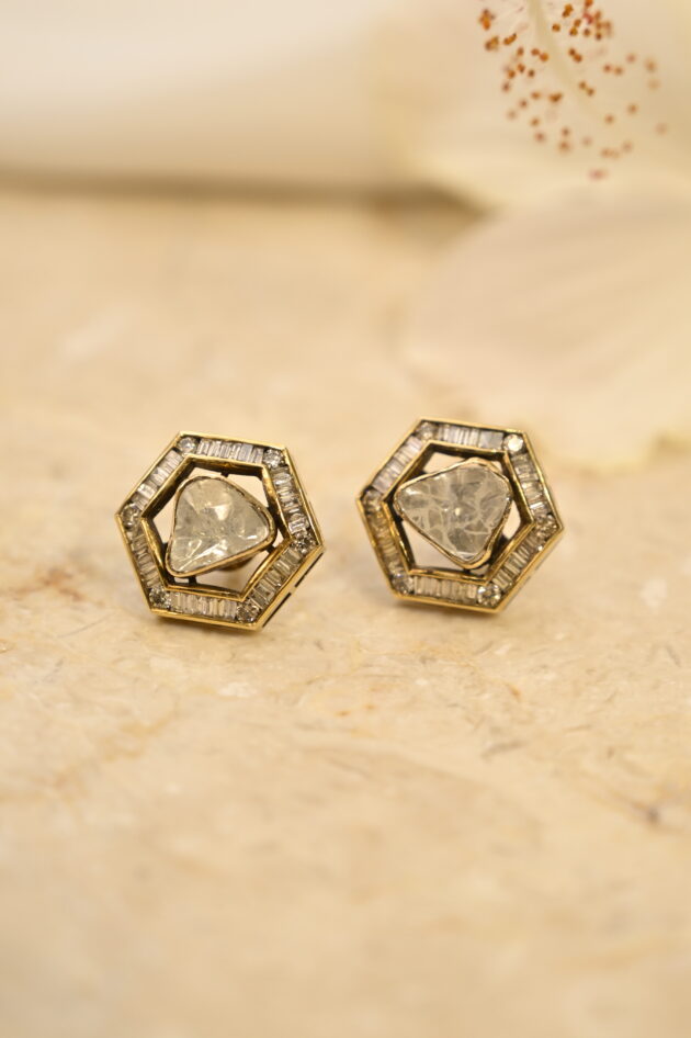 Hexagon Polki & Baguette Diamond  Studs