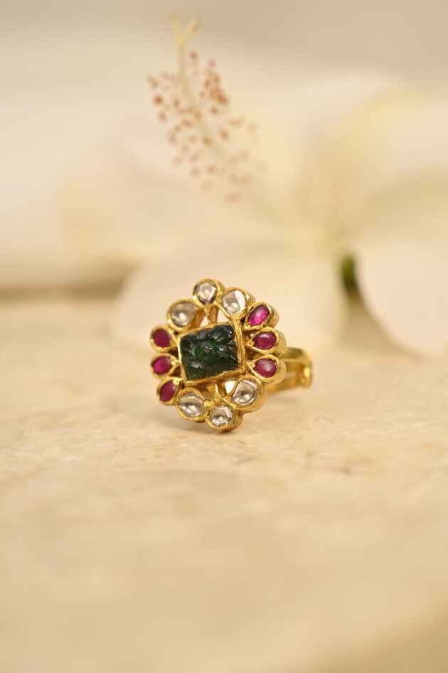 Carved Emerald & Ruby Jadau Ring