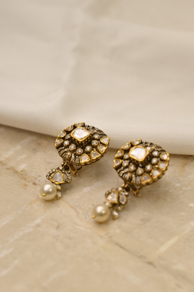 Victorian Polki Pendant with 5 line Pearls & Earrings - Image 2